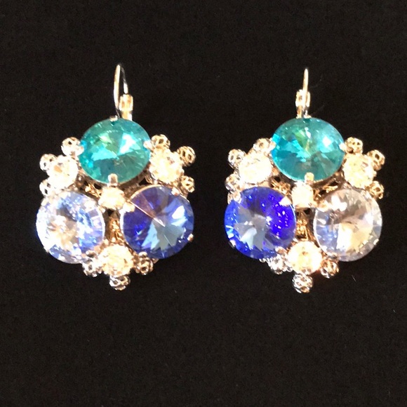 Italian Swarovski Sapphire & Aquamarine Crystal Earrings - Picture 1 of 5
